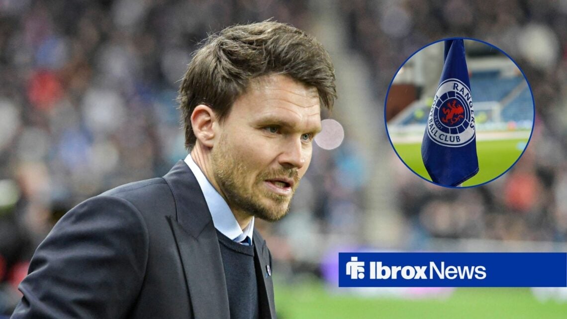 Danny Rohl looks towards a circular frame of a Rangers corner flag