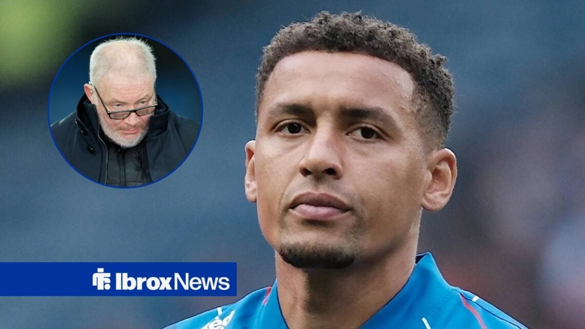 James Tavernier close up with Ally McCoist looking over his glasses in a round overlay