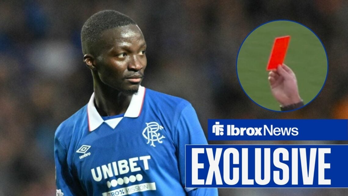 Rangers star Mohamed Diomande looking confused, a red card being shown in inset.