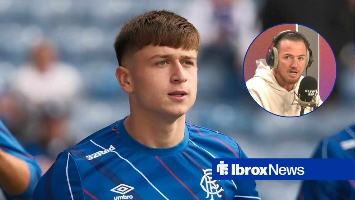 Mikey Moore in a Rangers training top with Ross McCormack wearing headphones in a round overlay