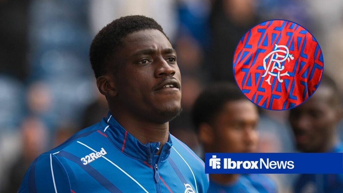 Rangers defender Nasser Djiga and Rangers badge in circular inset