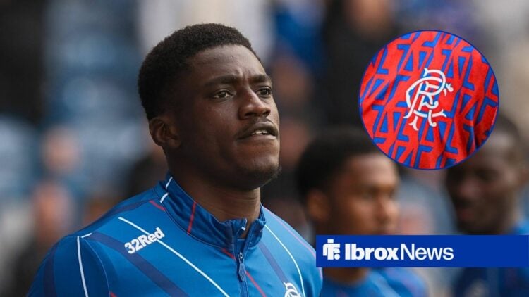 Rangers defender Nasser Djiga and Rangers badge in circular inset