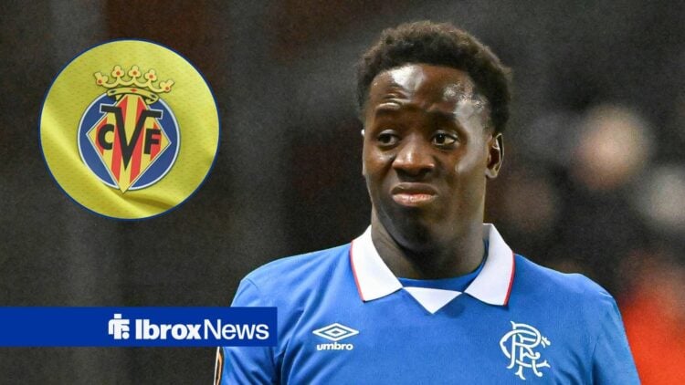 Rangers forward Djeidi Gassama and Villarreal badge in circular inset