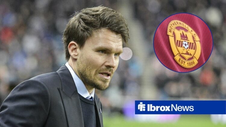 Rangers boss Danny Rohl looking miserable, Motherwell badge in inset.