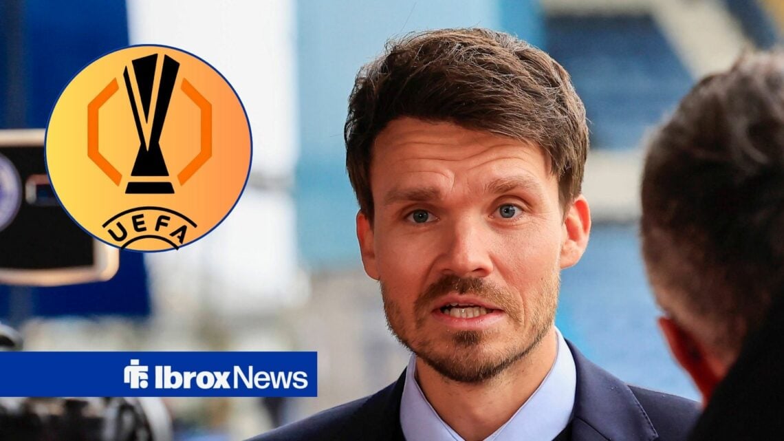 Rangers manager Danny Rohl and Europa League logo in circular inset