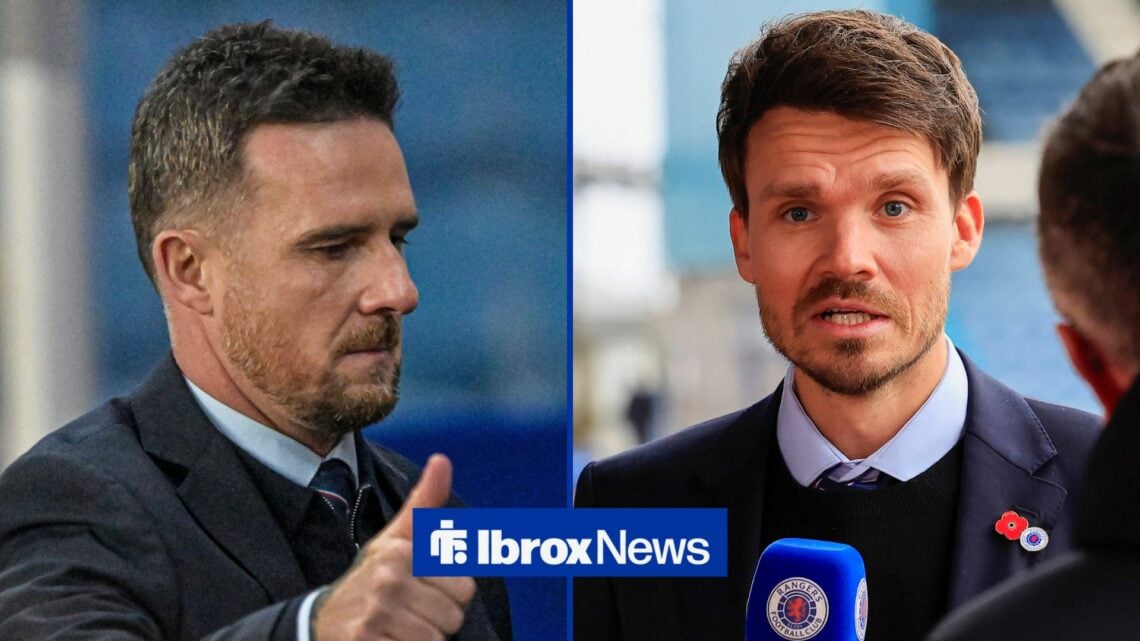 Barry Ferguson with his thumb up, with Danny Rohl holding a microphone alongside him in a split image