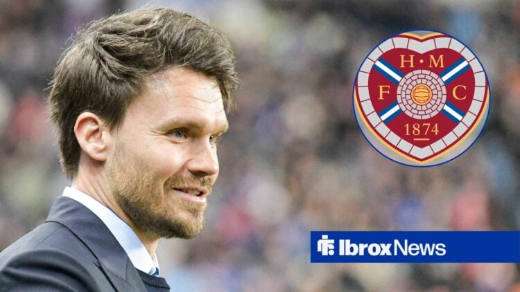 Rangers boss Danny Rohl with Hearts badge inset