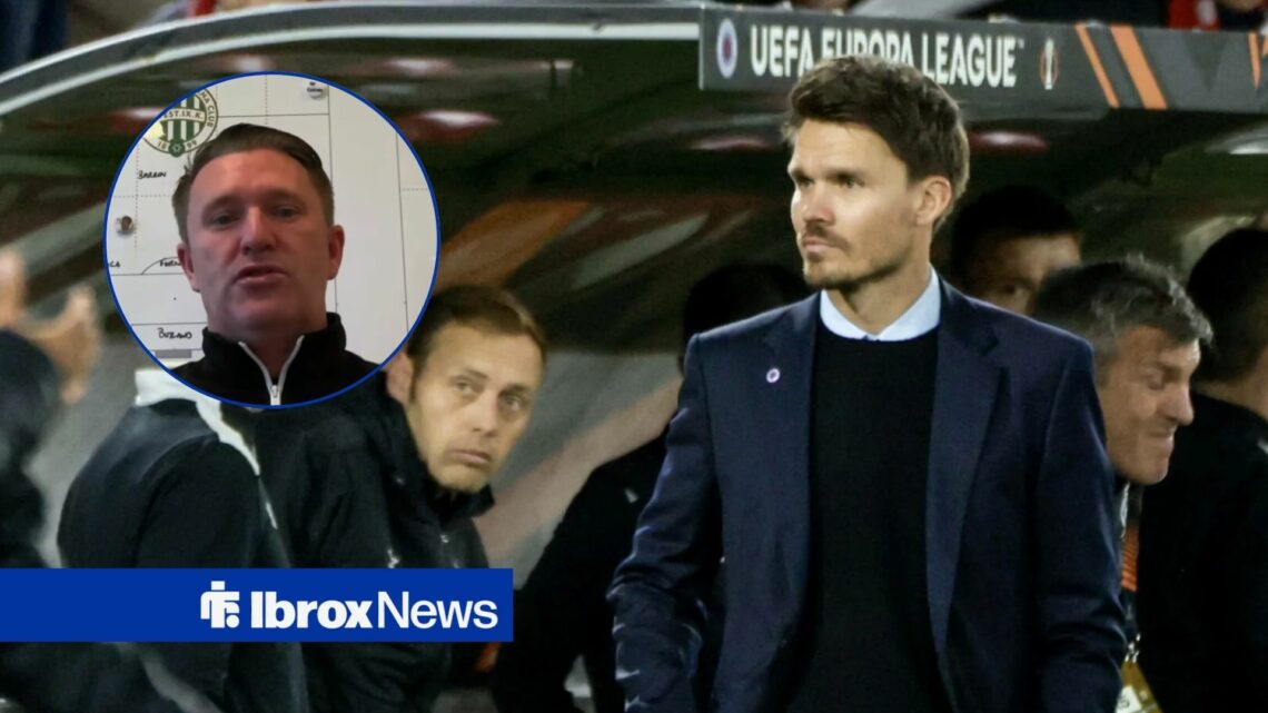 Danny Rohl in the Rangers dug out and Robbie Keane in a round overlay