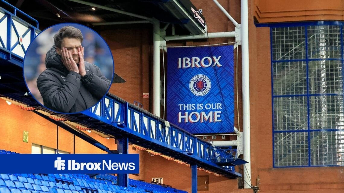 A general shot of Ibrox, with Danny Rohl with his head in his hands in a circular frame inset