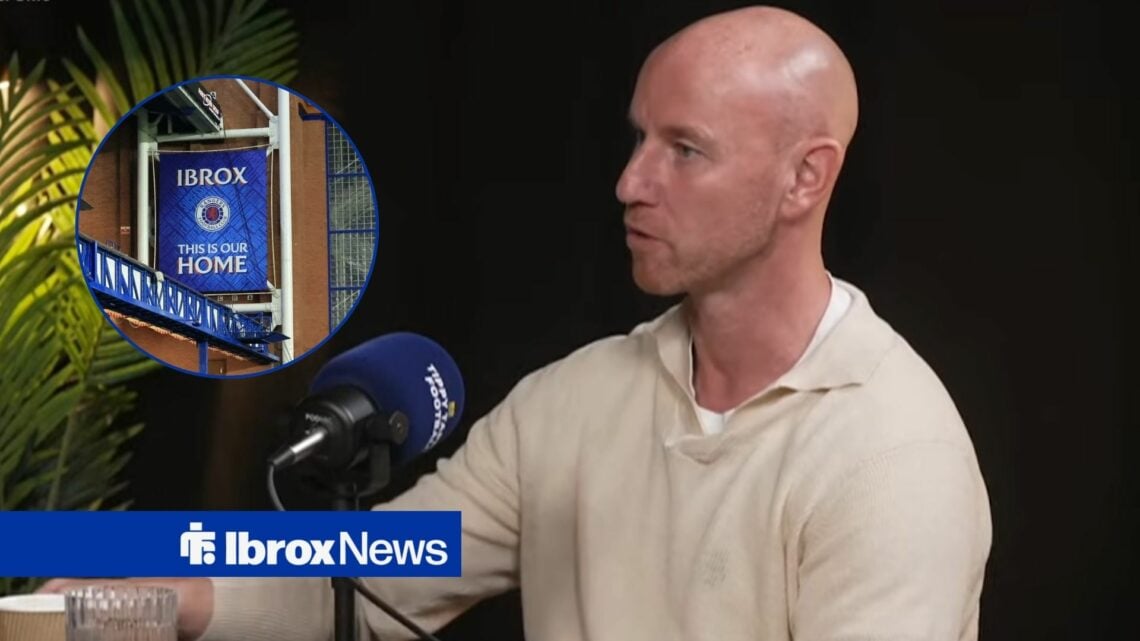 Nicky Butt looks towards a circular frame that contains a general shot of Ibrox