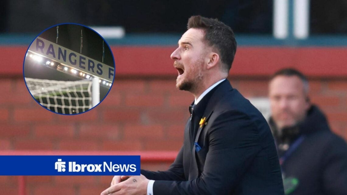 Barry Ferguson shouts towards s circular frame of Ibrox