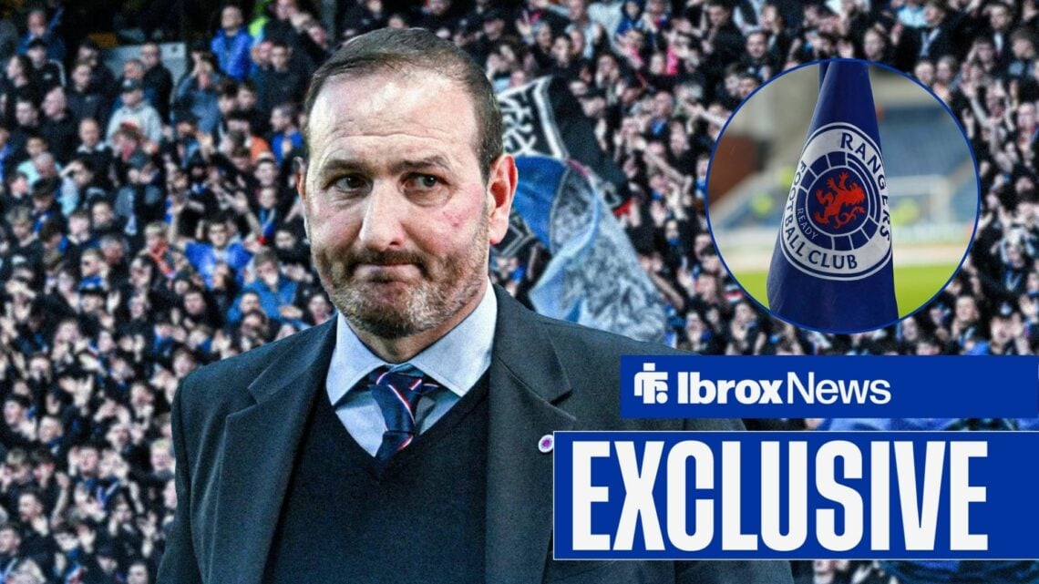 Kevin Thelwell looks towards a circular frame of a Rangers corner flag