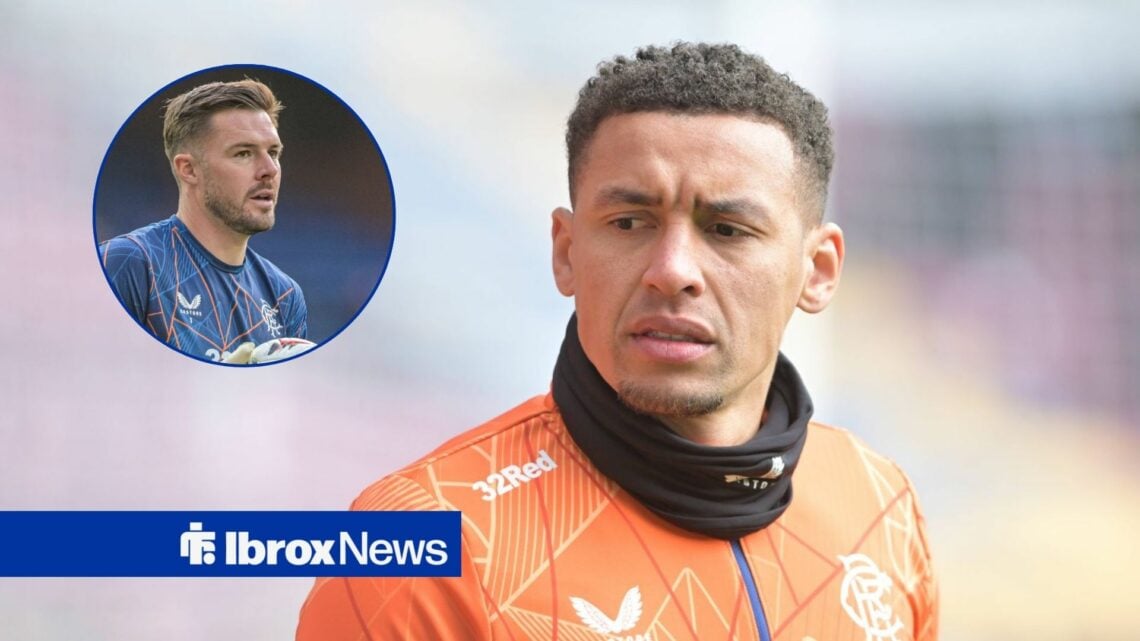 James Tavernier in Rangers training gear and Jack Butland in a round overlay