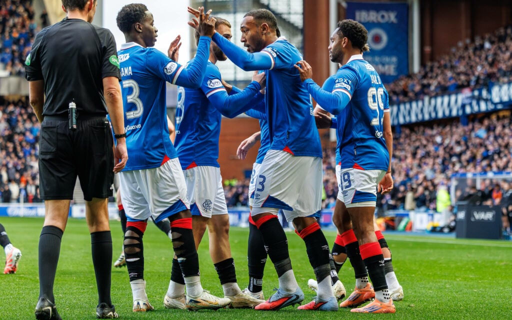 Rangers players celebrate goal at Ibrox