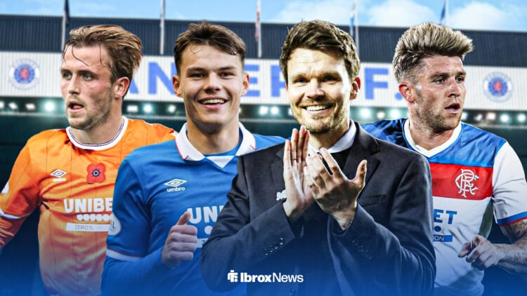From left to right, Tuur Rommens, Jens Hjerto-Dahl, Danny Rohl and Josh Windass with Rangers home ground IBrox in the background