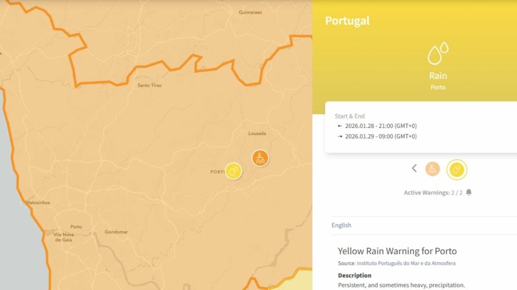 MeteoAlarm Porto weather warning for rain