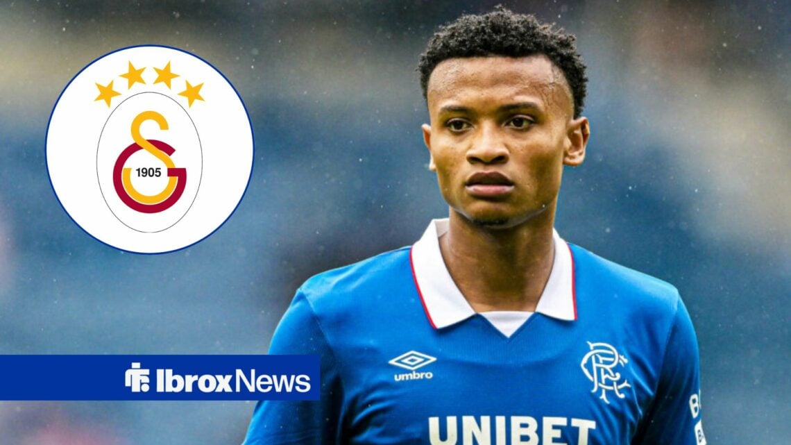 Oscar Cortes playing for Rangers looking towards a circle inset of the Galatasaray badge