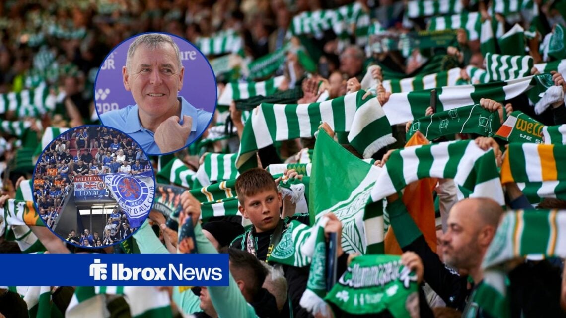 Pat Bonner looking at Celtic fans, with Rangers fans also there.