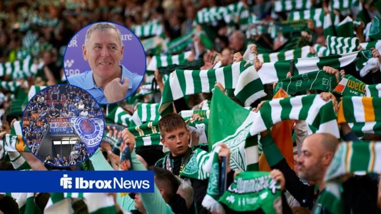 Pat Bonner looking at Celtic fans, with Rangers fans also there.