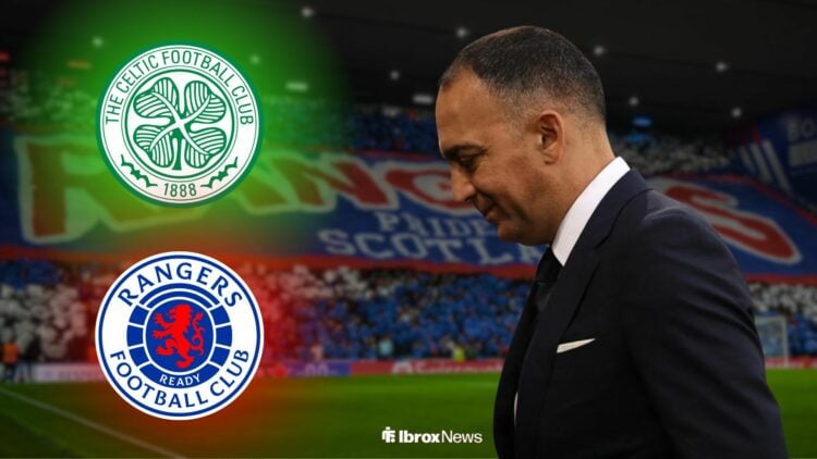 Paraag Marathe at Ibrox with Celtic and Rangers badge