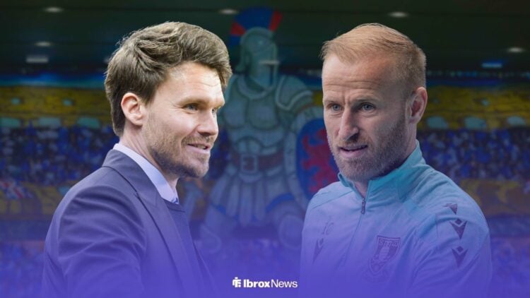 Danny Rohl and Barry Bannan with Rangers tifo background