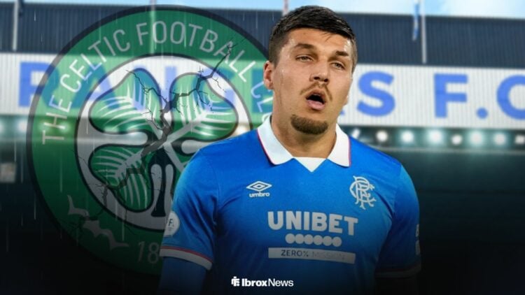 Joel Piroe in a Rangers shirt alongside a Rangers badge
