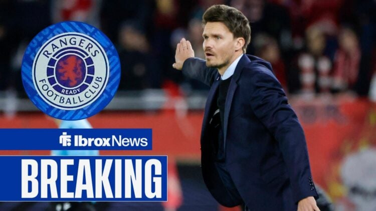 Danny Rohl gesturing with Rangers badge in a circular inset.