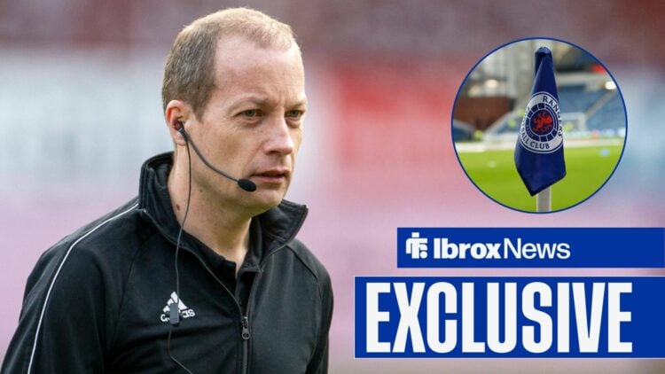 Willie Collum with Rangers corner flag in frame