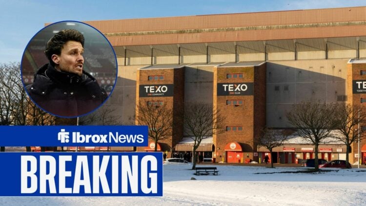 A general shot of Pittodrie in the snow, with Danny Rohl in a circular frame inset