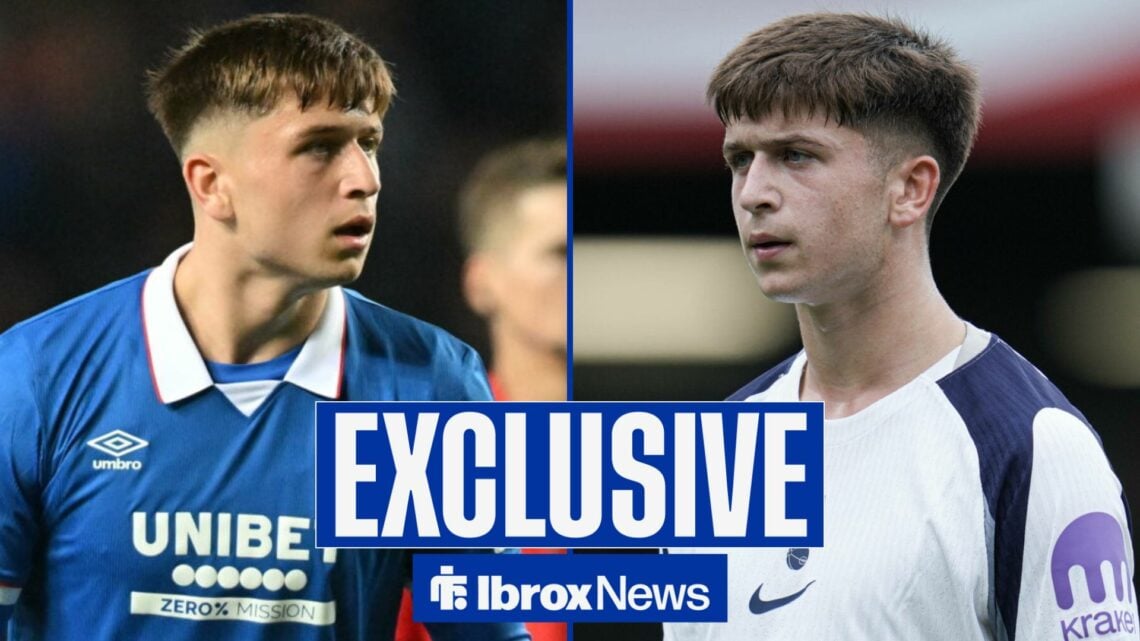 Mikey Moore playing for Rangers looking towards Mikey Moore playing for Tottenham