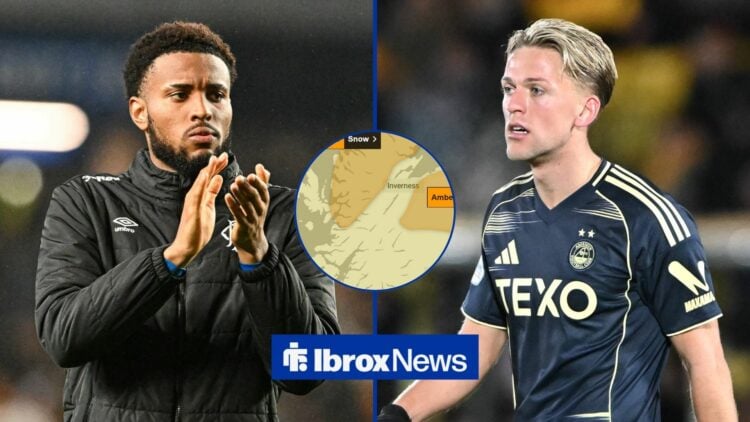 Youssef Chermiti and Jesper Karlsson in a split image, with a Met Office weather map in a circular frame