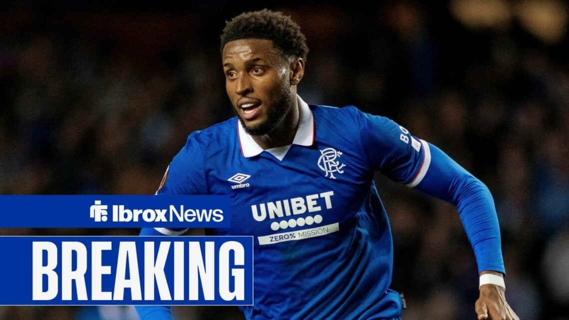 Youssef Chermiti playing for Rangers with a breaking news banner