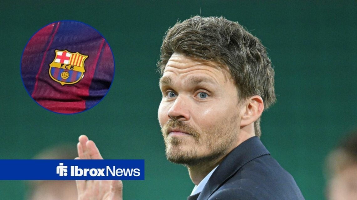 Rangers manager Danny Rohl and Barcelona badge in circular inset