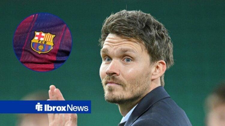 Rangers manager Danny Rohl and Barcelona badge in circular inset