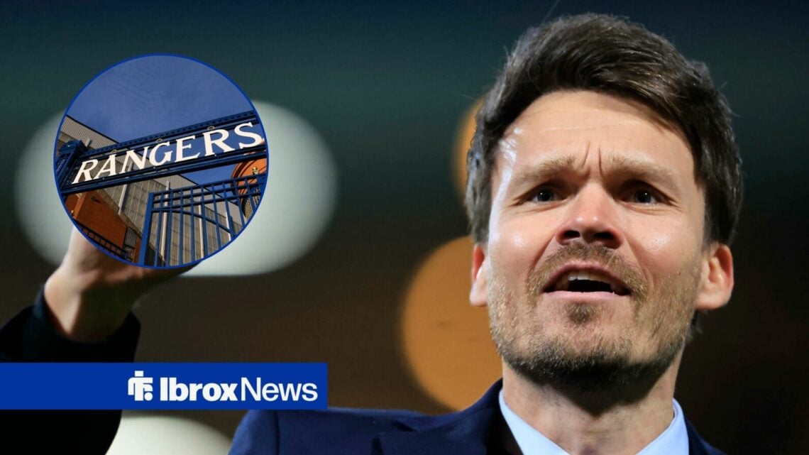 Danny Rohl looking happy, with Ibrox in a circular frame inset