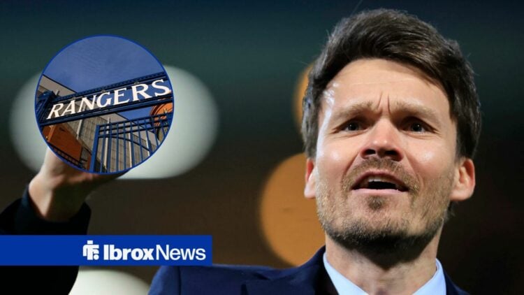 Danny Rohl looking happy, with Ibrox in a circular frame inset