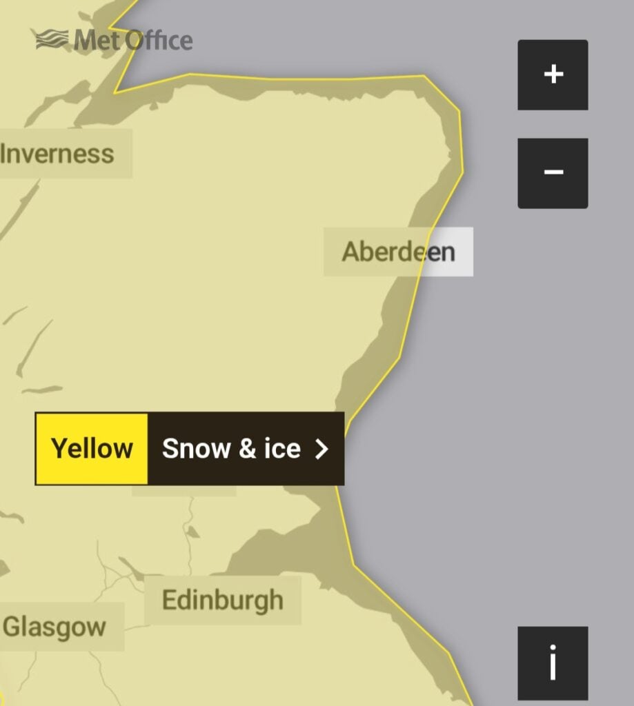 Met Office yellow warning for snow and ice across Scotland.