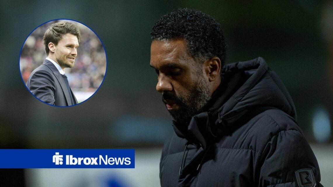 Celtic boss Wilfried Nancy looking dejected, Rangers boss Danny Rohl smiling in inset.