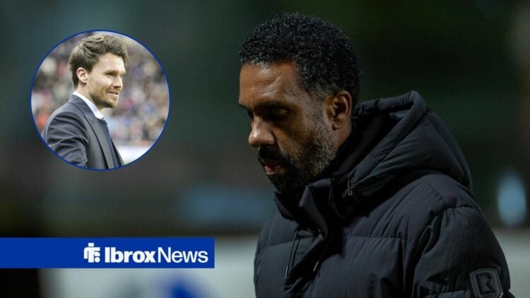 Celtic boss Wilfried Nancy looking dejected, Rangers boss Danny Rohl smiling in inset.