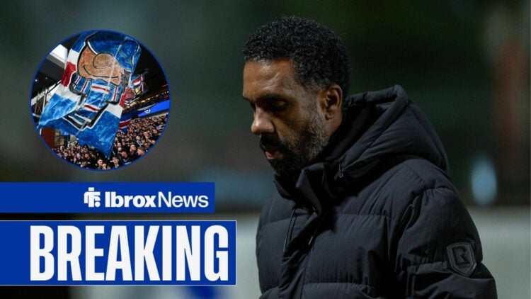 Wilfried Nancy looking miserable, Rangers fans in inset.