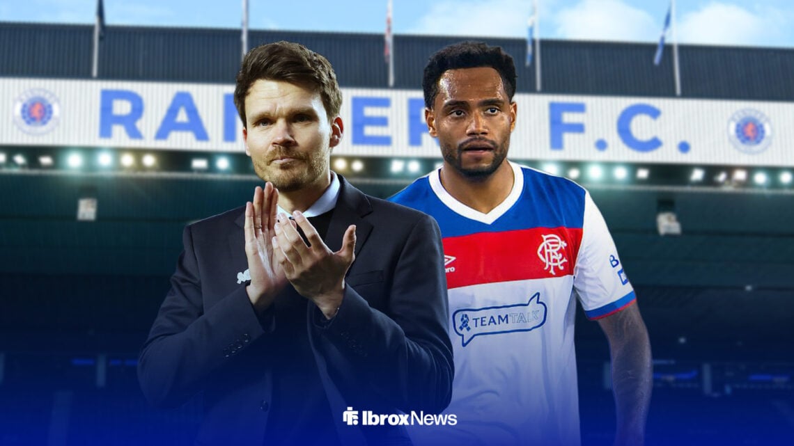 Rangers manager Danny Rohl and Danilo side by side with Ibrox in the background