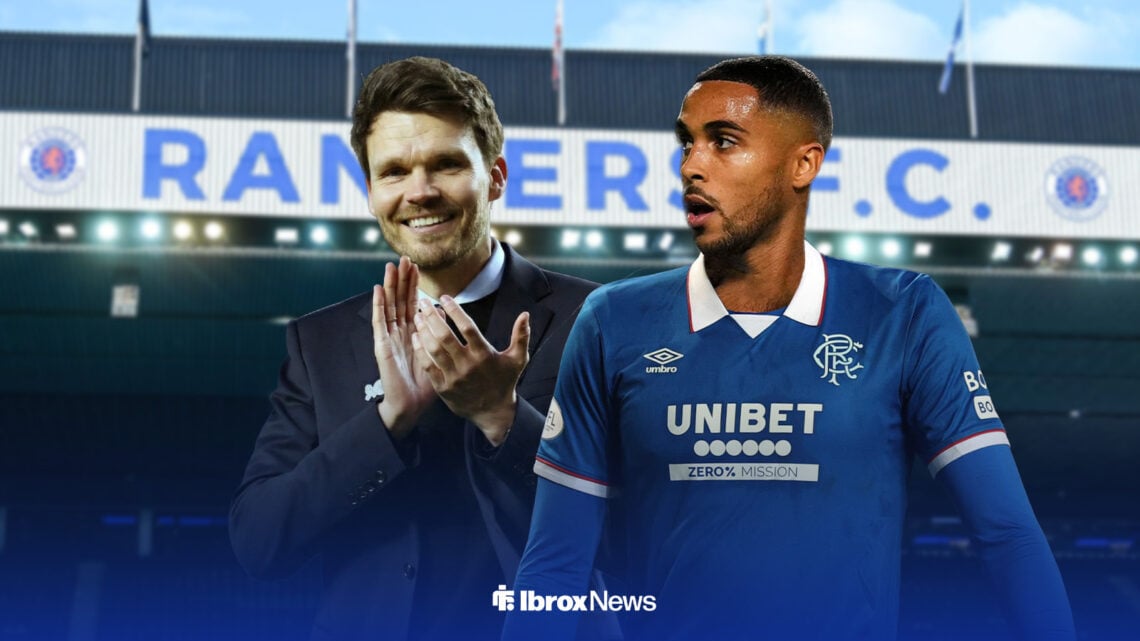 Danny Rohl and Max Lowe in Rangers home kit with Ibrox in the background