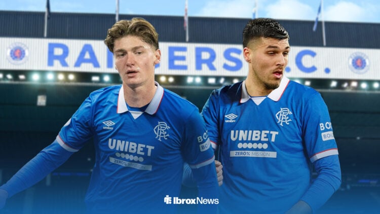 Ryan Naderi and Joel Piroe in Rangers kits at Ibrox
