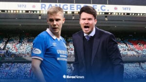 Danny Rohl shouting in the direction of Oliver Antman in front of Ibrox Stadium.