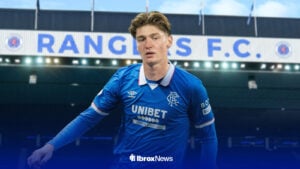 Ryan Naderi in a Rangers kit at Ibrox