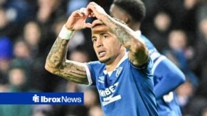 James Tavernier of Rangers scores his sides first goal from the penalty spot and celebrates his goal during the UEFA Europa League match at Ibrox Stadium, Glasgow UK