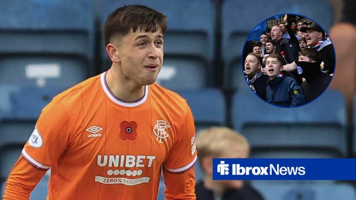 Mikey Moore with Rangers fans in circular inset.