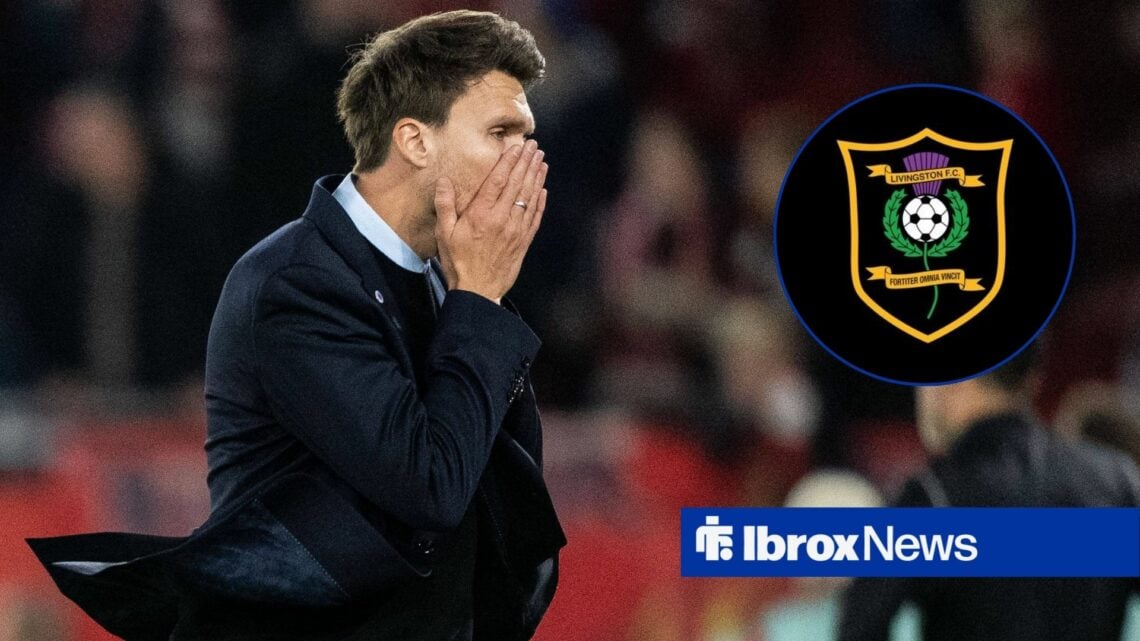 Head coach Danny Röhl of Rangers during the UEFA Europa League football match between Brann and Rangers and Livingston badge in circular inset