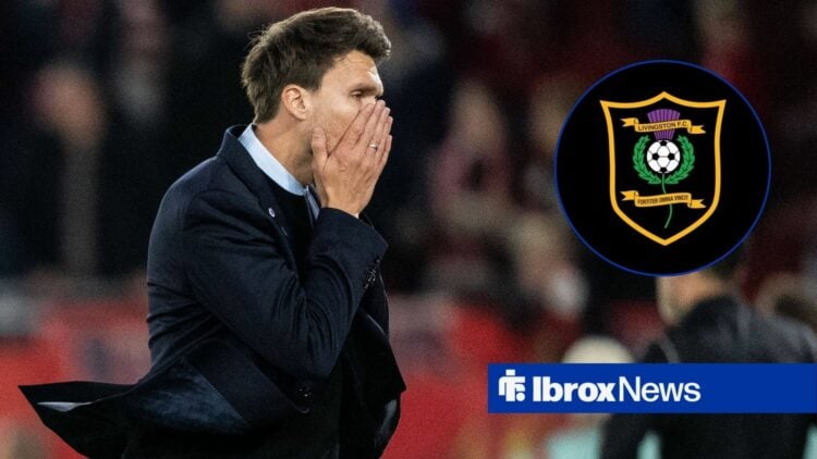 Head coach Danny Röhl of Rangers during the UEFA Europa League football match between Brann and Rangers and Livingston badge in circular inset