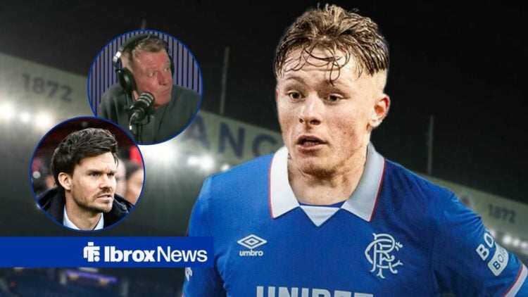 Dundee defeder Luke Graham in a Rangers shirt outside Ibrox as Rangers manager looks at him through a small inset while watching on at a Scottish P...